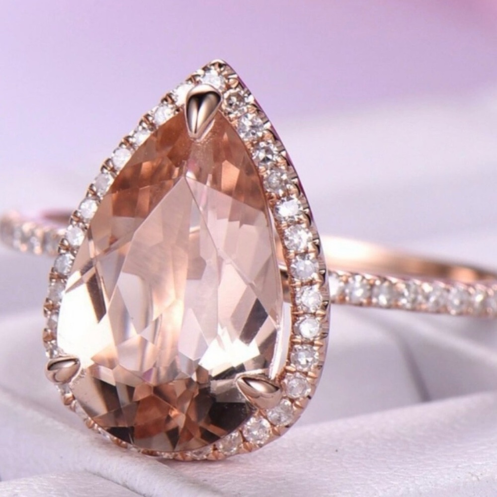 Rose Gold Teardrop Morganite Halo Ring - Elegant Pink Stone - Picture 4 of 6